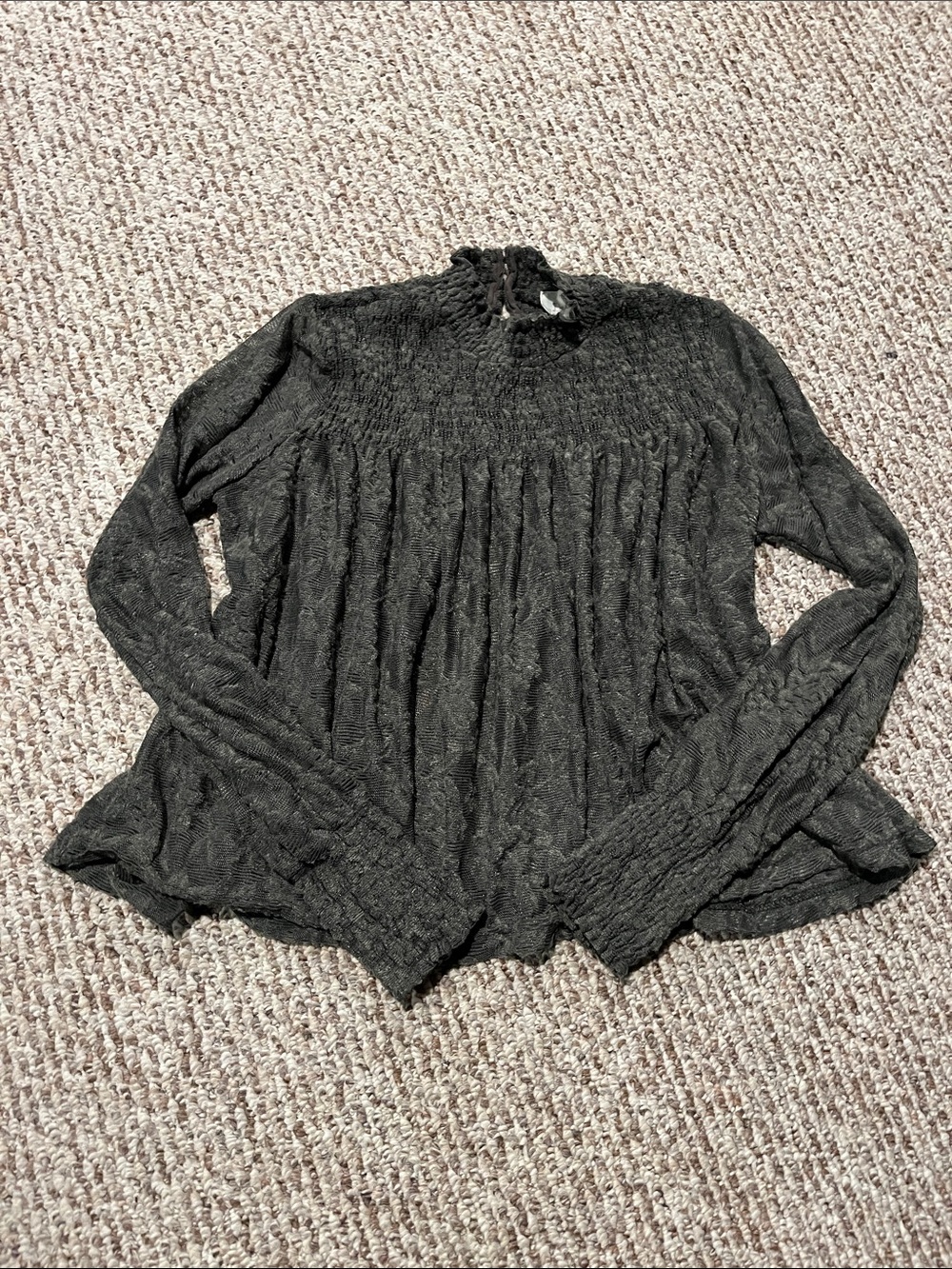 Deletta Charcoal Smocked Yoke Long Sleeve Knit Top
